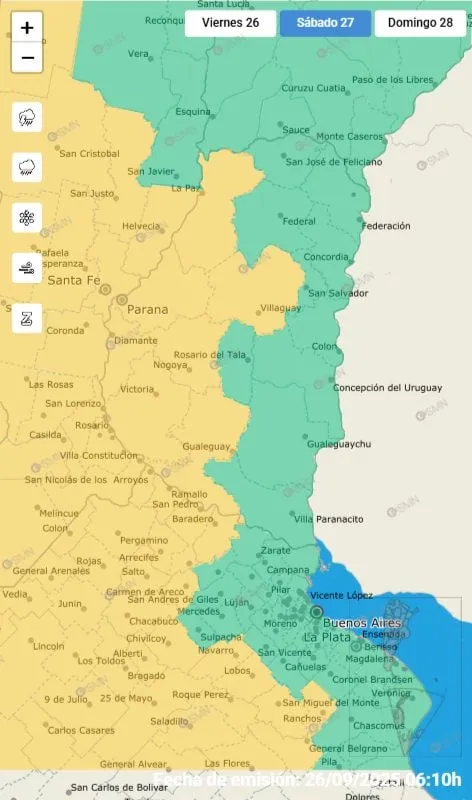 La mitad oeste de Entre Ríos en ALERTA AMARILLO