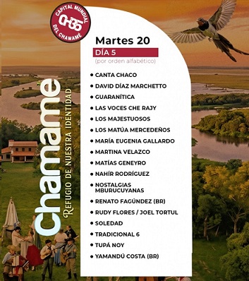 Grilla de la Fiesta del CHamamé para este martes 20