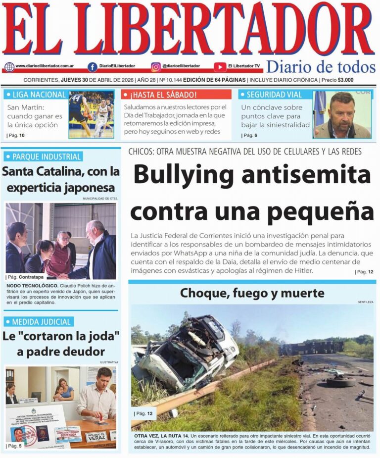 Portada del diario digital del 30 de abril de 2026 con noticias de Corrientes