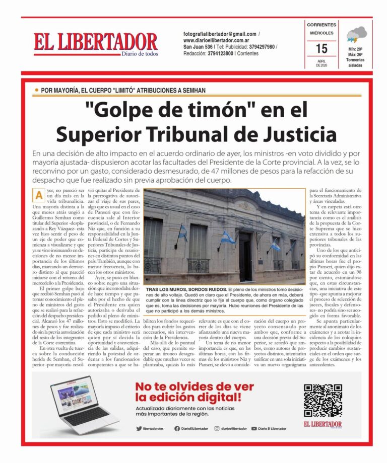 Portada del Diario El Libertador de Corrientes, edición del 15 de abril de 2026