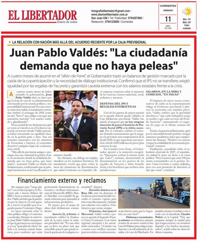 Portada representativa del Diario El Libertador de Corrientes