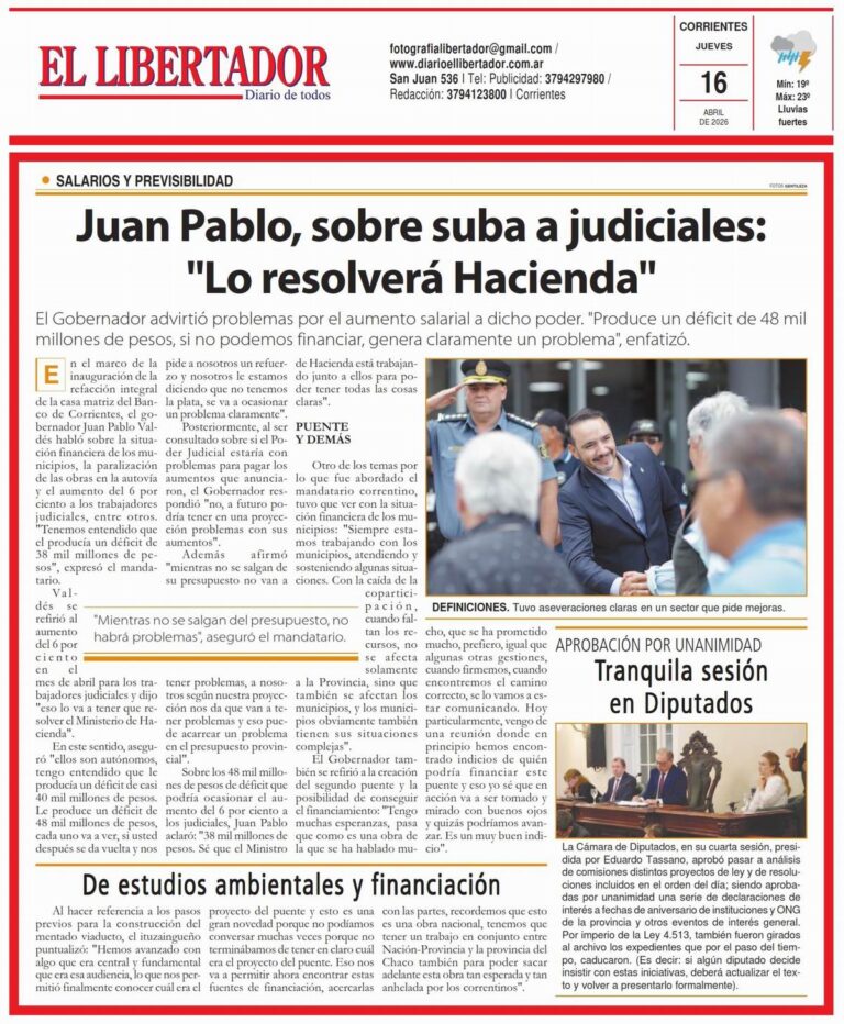 Portada del Diario El Libertador de Corrientes, edición del 16 de abril de 2026