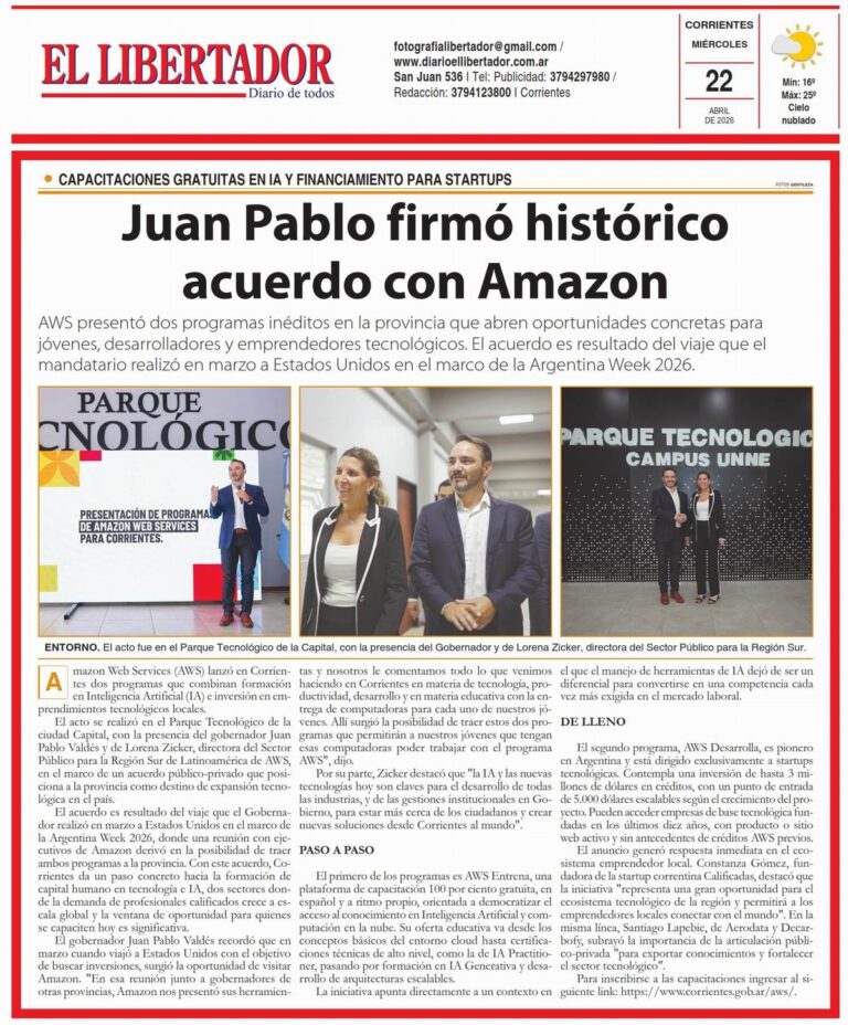 Portada del Diario El Libertador de Corrientes, edición del 22 de abril de 2026