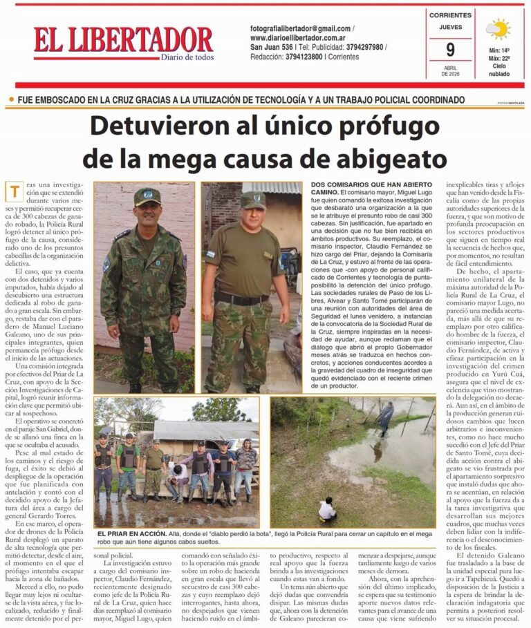 Fotografía de la portada del Diario El Libertador de Corrientes correspondiente al 9 de abril de 2026
