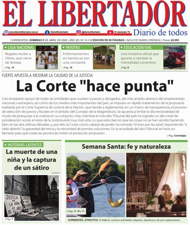 Portada de la edición digital del Diario El Libertador de Corrientes del 5 de abril de 2026