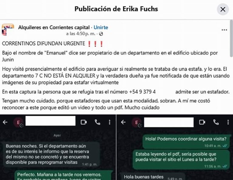 Captura de pantalla de una conversación sobre una supuesta estafa de alquiler en Corrientes