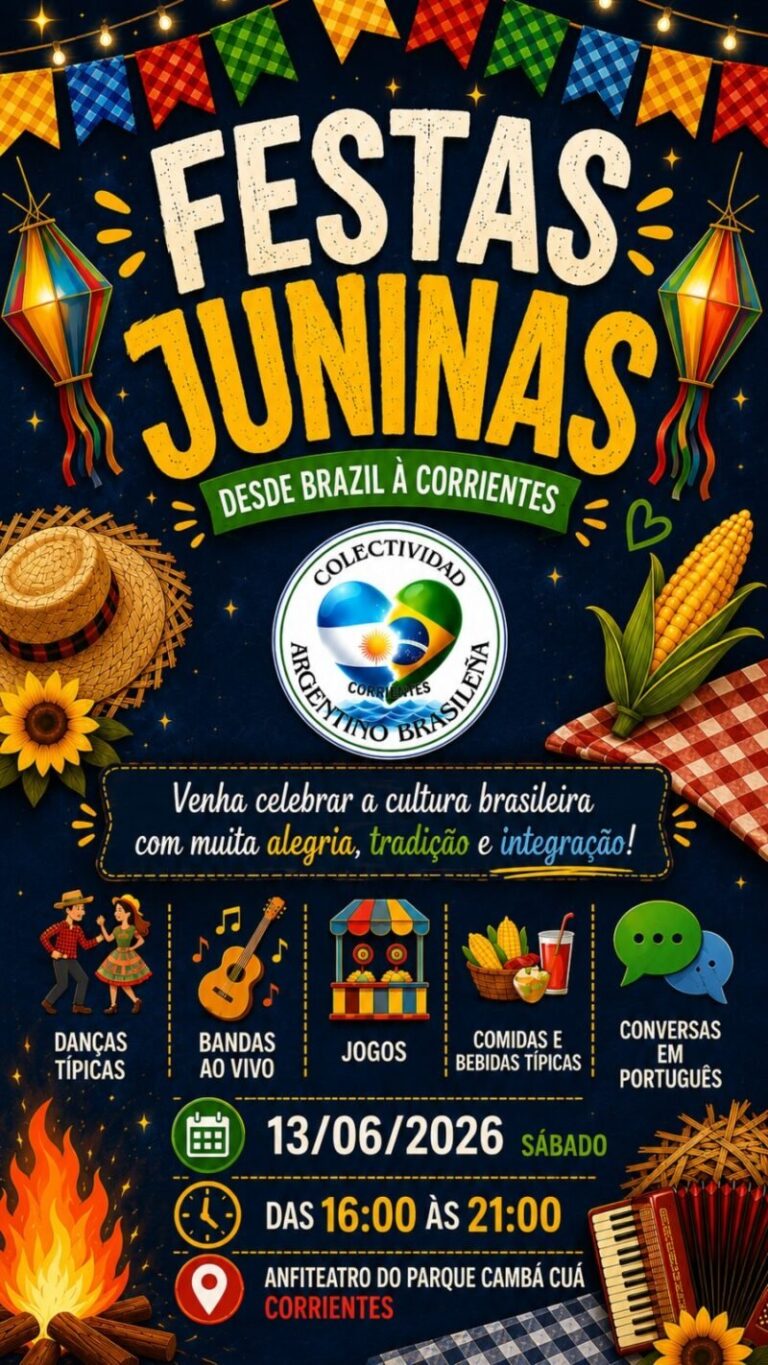 Celebración de las Festas Juninas en Corrientes con bailes típicos y banderas brasileñas