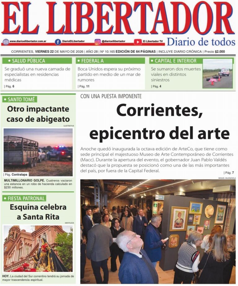 Tapa del diario Redacción Litoral del 22 de mayo de 2026