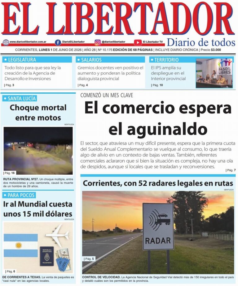 Tapa y contratapa del diario Redacción Litoral del 1 de junio de 2026