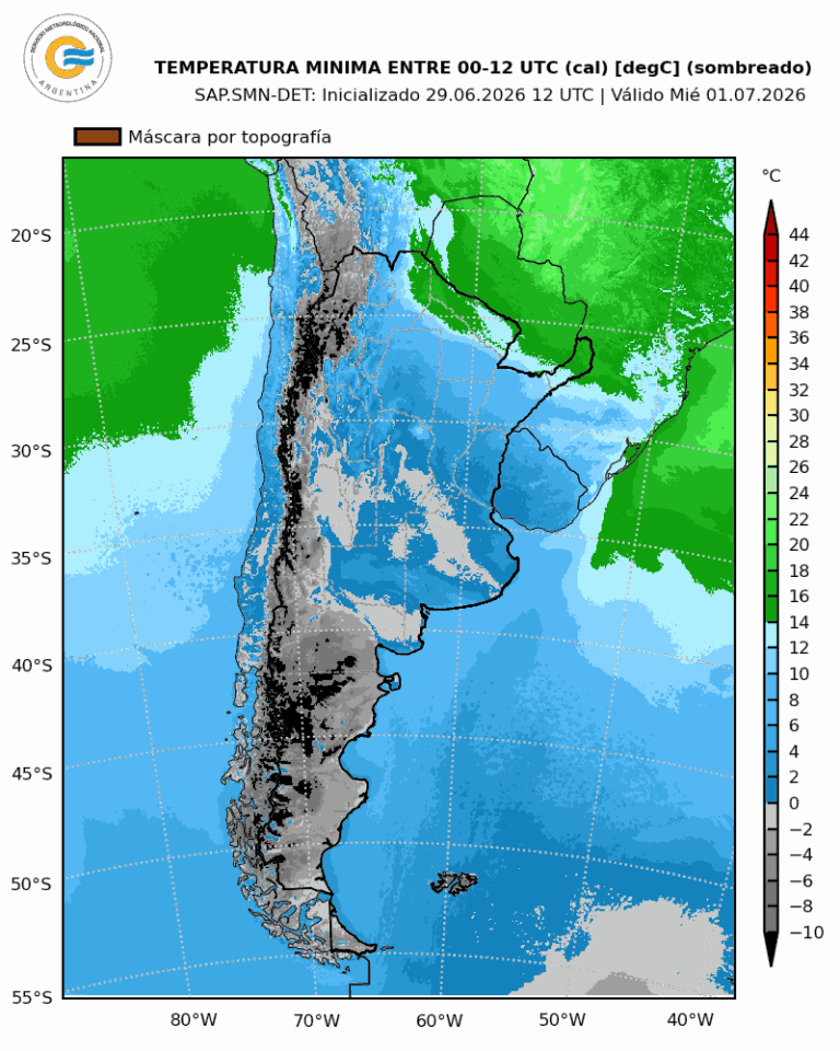 Mapa de Argentina con zonas afectadas por masa de aire antártico