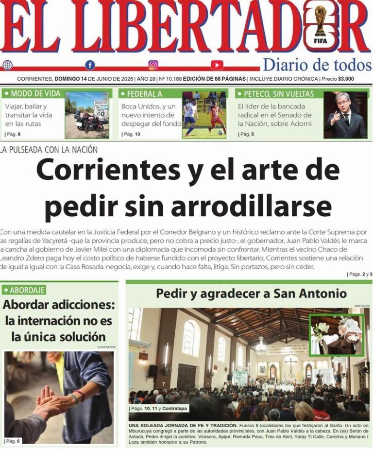 Portada de diario de Corrientes del 14 de junio de 2026