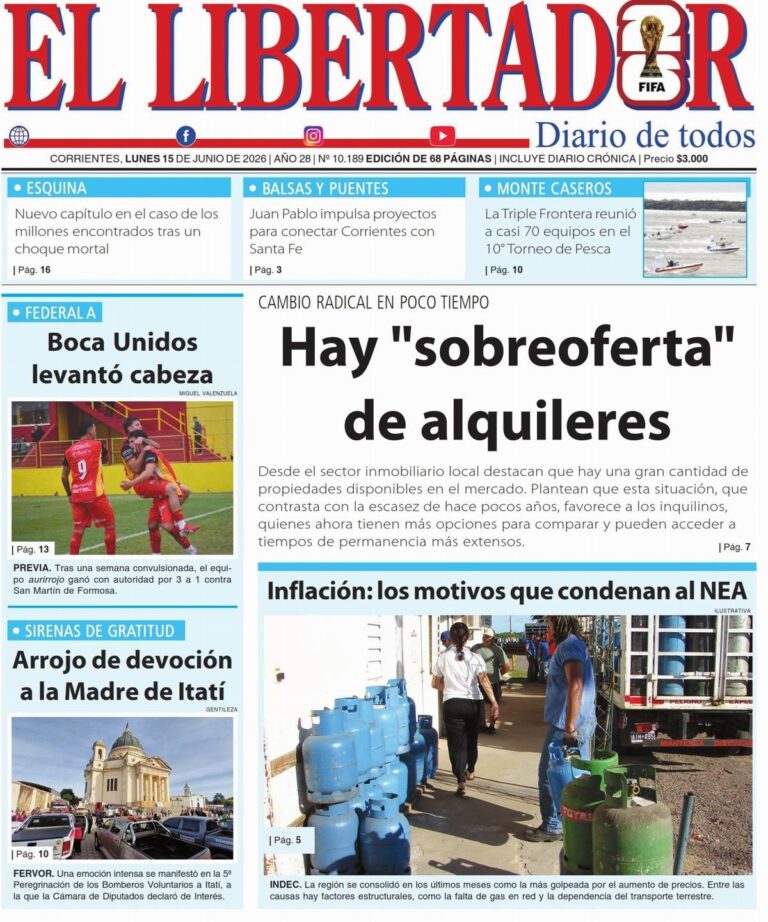 Tapa y contratapa del diario Redacción Litoral del 15 de junio de 2026