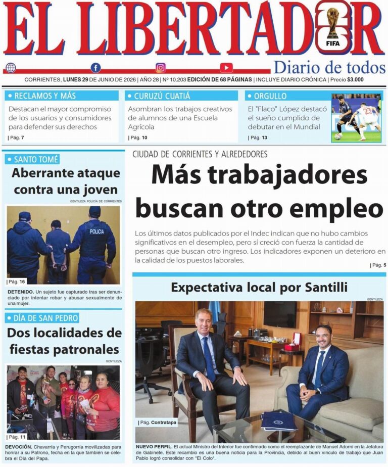Tapa y contratapa del diario Redacción Litoral del 29 de junio de 2026