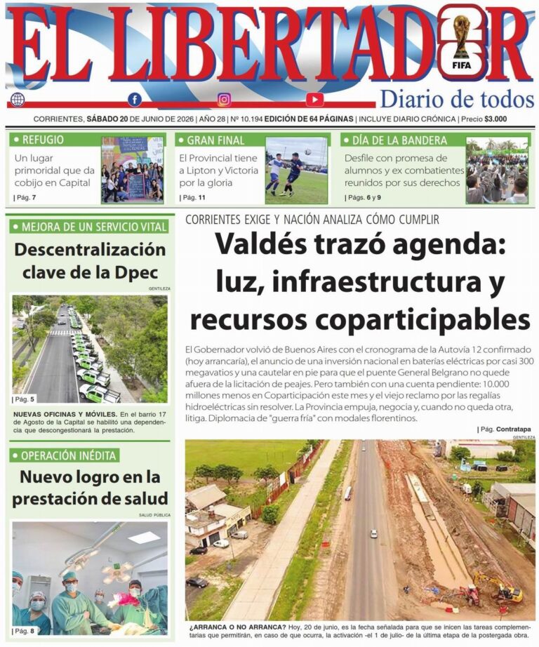 Portada del diario Redacción Litoral del 20 de junio de 2026