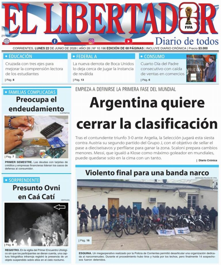 Tapa del diario Redacción Litoral del 22 de junio de 2026
