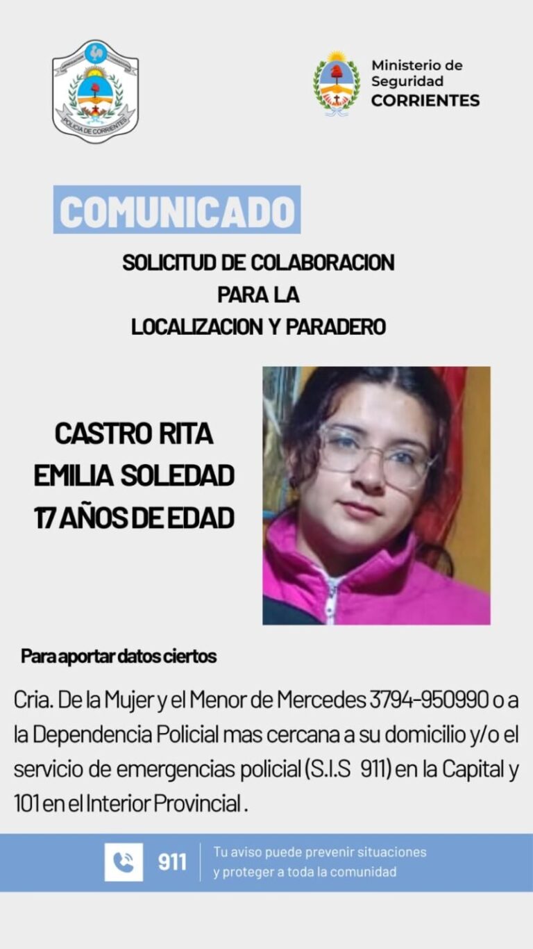 Fotografía de Rita Emilia Soledad Castro, adolescente desaparecida en Mercedes, Corrientes