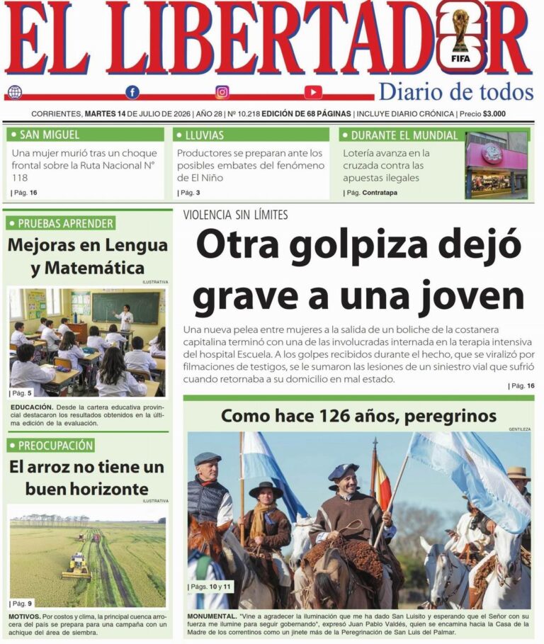 Tapa y contratapa del diario Redacción Litoral del 14 de julio de 2026