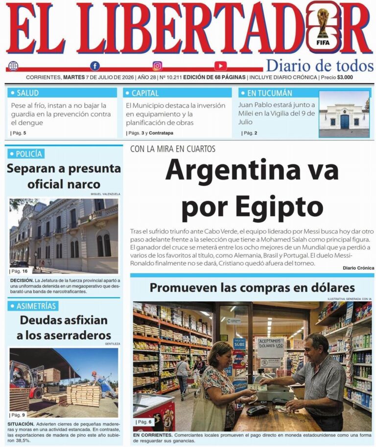 Tapa y contratapa del diario Redacción Litoral del 7 de julio de 2026