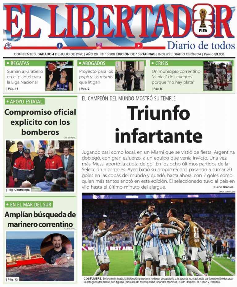 Tapa y contratapa del diario Redacción Litoral del 4 de julio de 2026