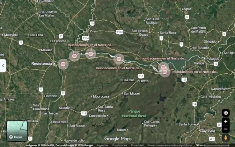 Mapa de alerta de inundación de Google para el Norte de Corrientes