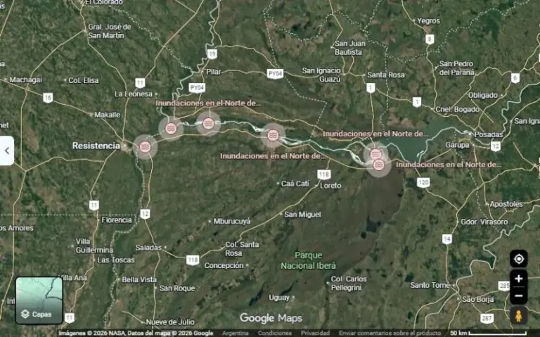 Mapa de alertas de inundación de Google para el norte de Corrientes