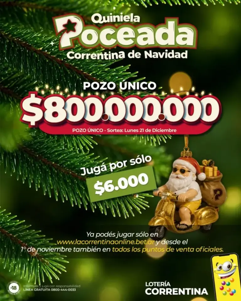 Logo de Lotería Correntina junto a la leyenda Quiniela Poceada de Navidad y el pozo de 800 millones de pesos