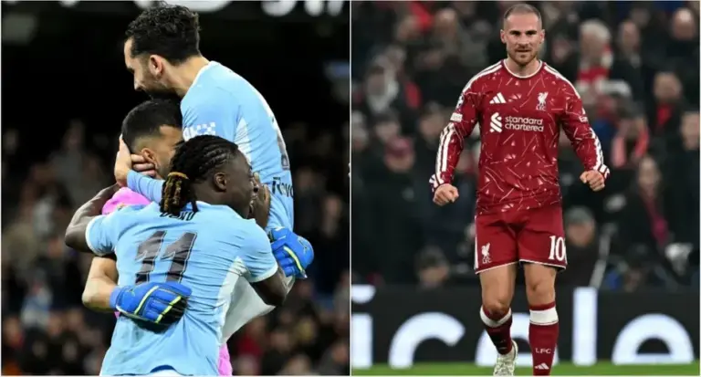 Jugadores de Manchester City y Liverpool celebran la clasificación en la Carabao Cup
