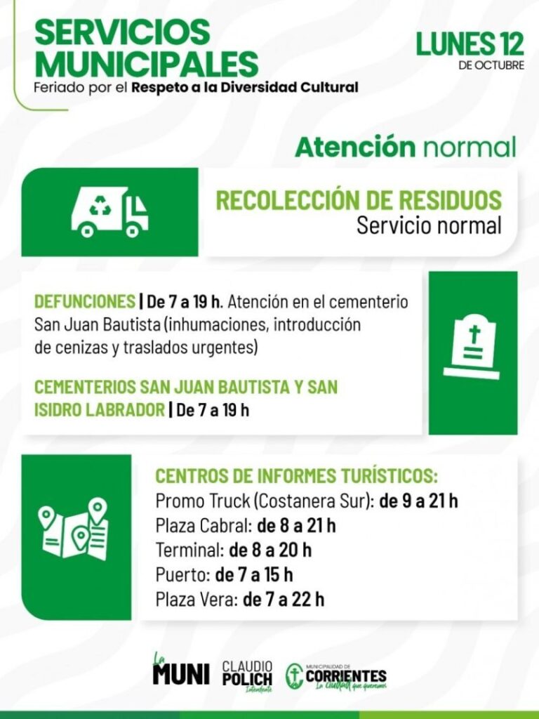 Municipalidad de Corrientes informa servicios durante feriado