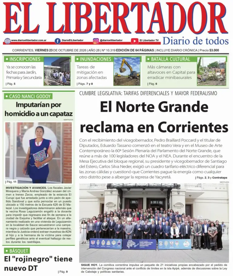 Portada del diario Redaccion Litoral del 23 de octubre de 2026