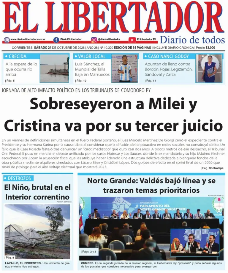 Portadas de diarios de Corrientes del 24 de octubre de 2026