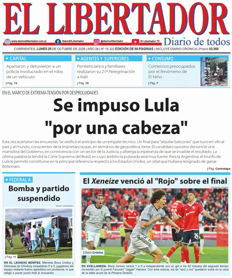 Portada del diario Redaccion Litoral del 26 de octubre de 2026
