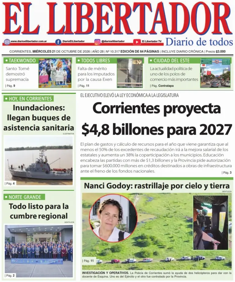Portada del diario Redaccion Litoral del 21 de octubre de 2026