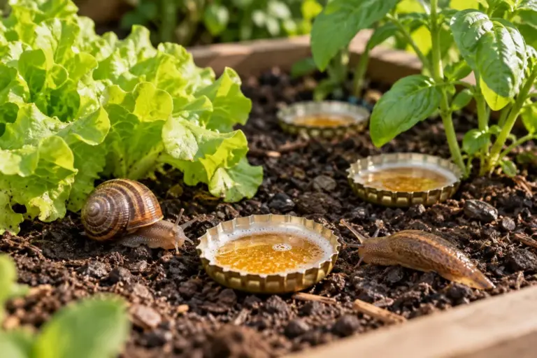Tapitas de cerveza enterradas en la tierra como trampa para caracoles y babosas